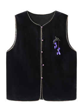 2025秋季新款时尚复古紫色花朵国风马甲丝绒钉钻无袖马夹上衣女