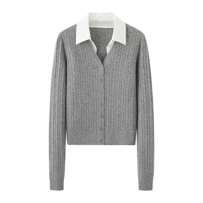 POLO领绞花灰色假两件针织衫女