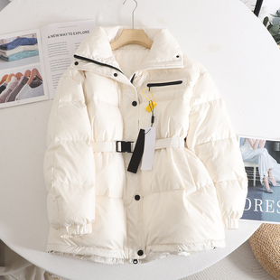 艾 气质收腰显瘦小个子面包服外套 白色腰带羽绒服女2025冬新款