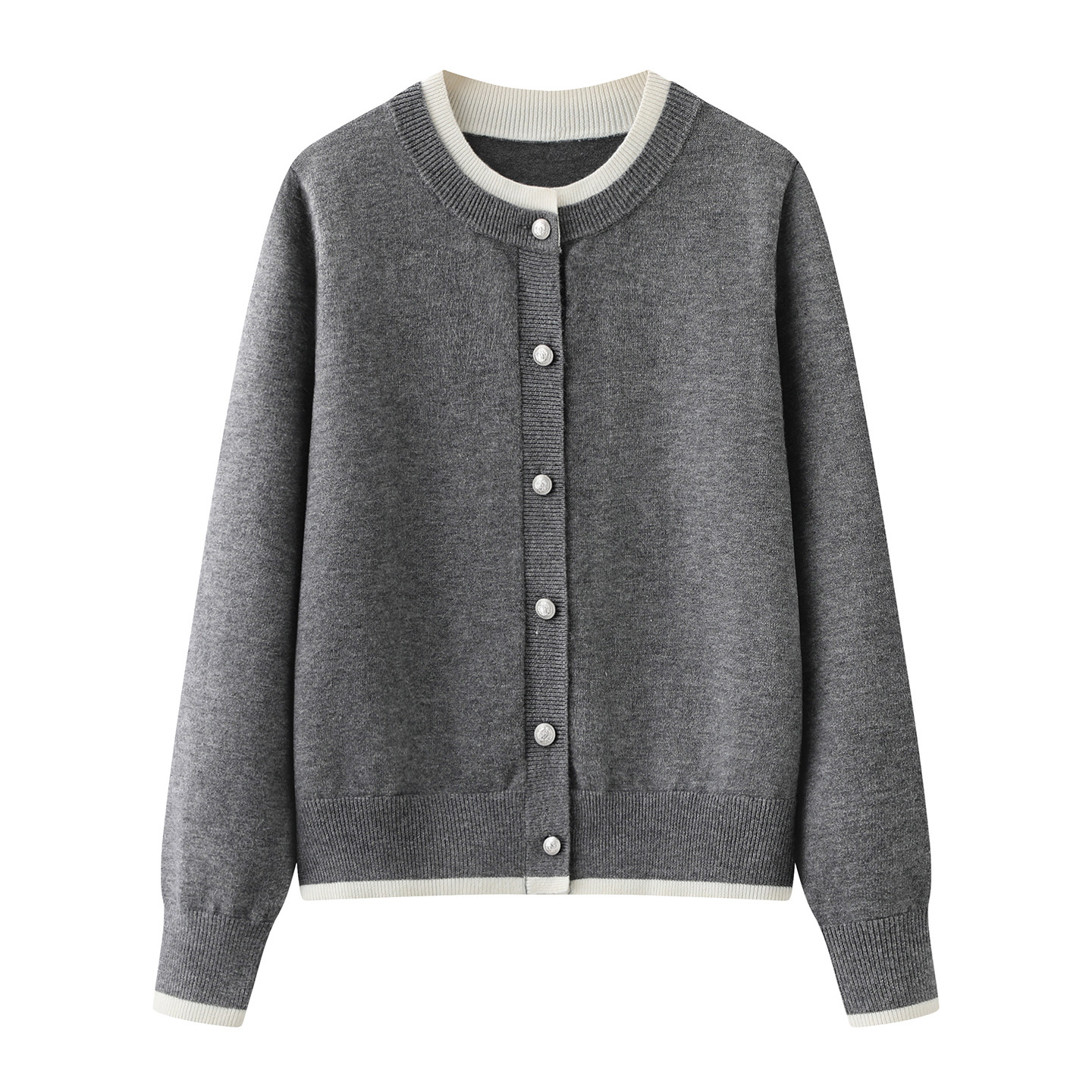 麦 灰色假两件圆领针织开衫女2026春季新款单排扣百搭毛衣外套,女装/女士精品,毛针织衫,淘宝优惠券,粉丝福利购,淘宝优惠卷