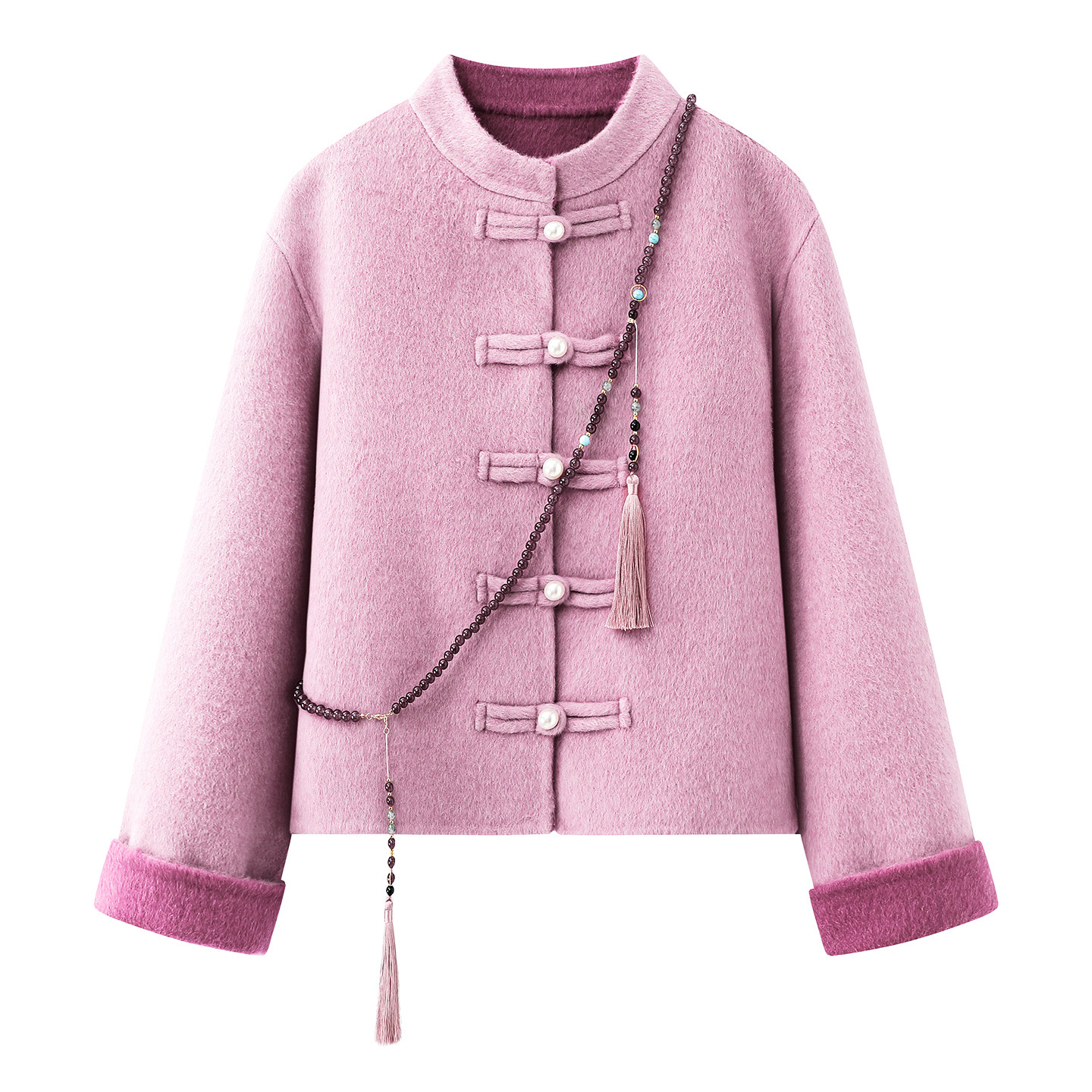 新中式国风粉色双面羊绒外套