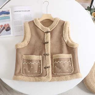 复古宽松保暖仿皮毛一体甜美刺绣无袖 背心外套 马甲2025秋冬新款