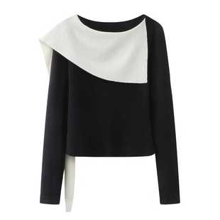 荷叶边长袖 艾 新款 女2026春季 套头显瘦上衣 黑白撞色不规则针织衫