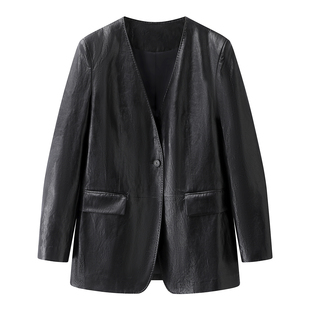 新款 皮衣女2026春季 百搭宽松高级感廓形外套 休闲风黑色V领西装 艾