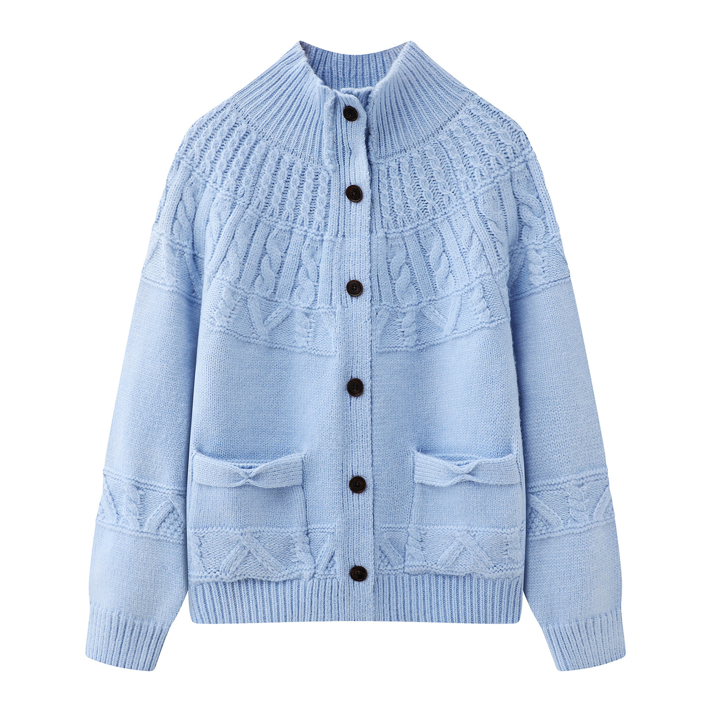 慵懒半高领麻花针织衫女2026春季新款蓝色单排扣复古减龄毛衣外套