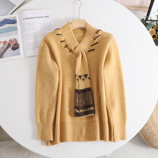 气质撞色保暖毛衣上衣 女2025秋冬法式 谜 设计感V领围巾一体针织衫
