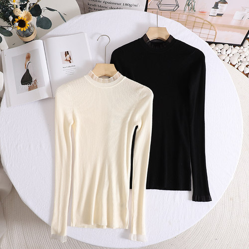 网纱拼接修身显瘦弹力针织打底衫