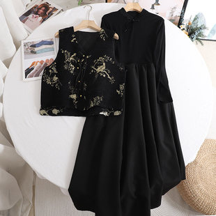 2024秋新款 套装 新中式 马甲连衣裙时尚 国风盘扣V领黑色无袖 彩系