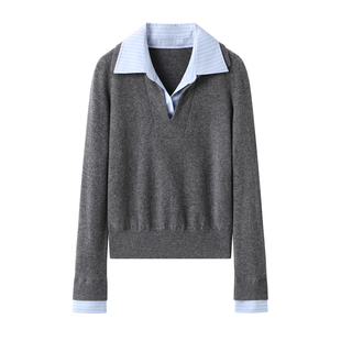 休闲百搭翻领撞色假两件拼接针织衫 新款 毛衣上衣女 2025秋季 艾
