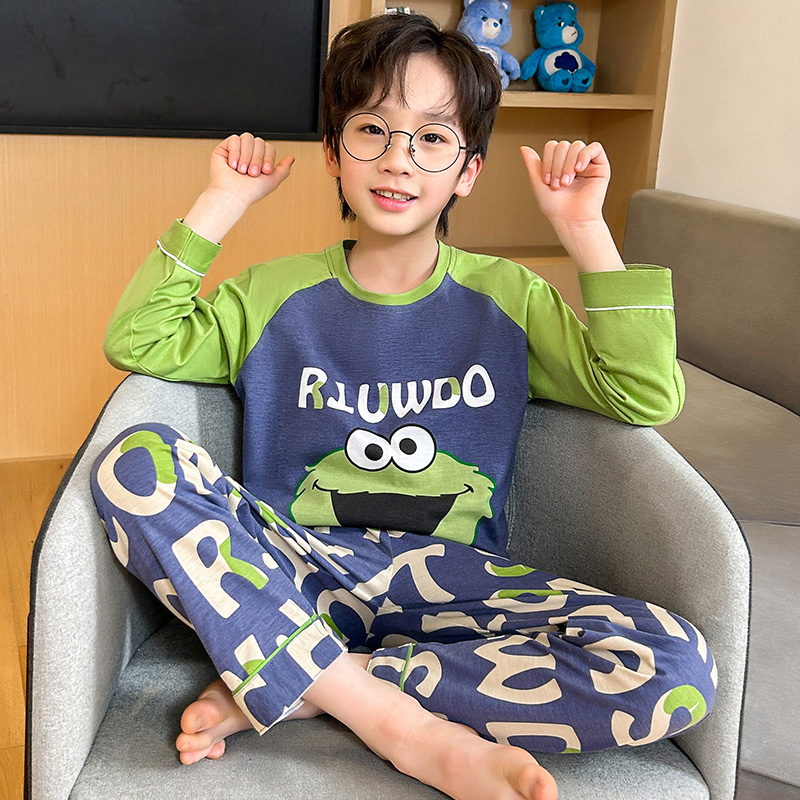 纯棉春秋季男童睡衣长袖