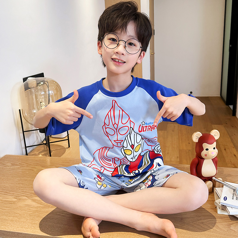 纯棉夏季男童睡衣短袖薄款