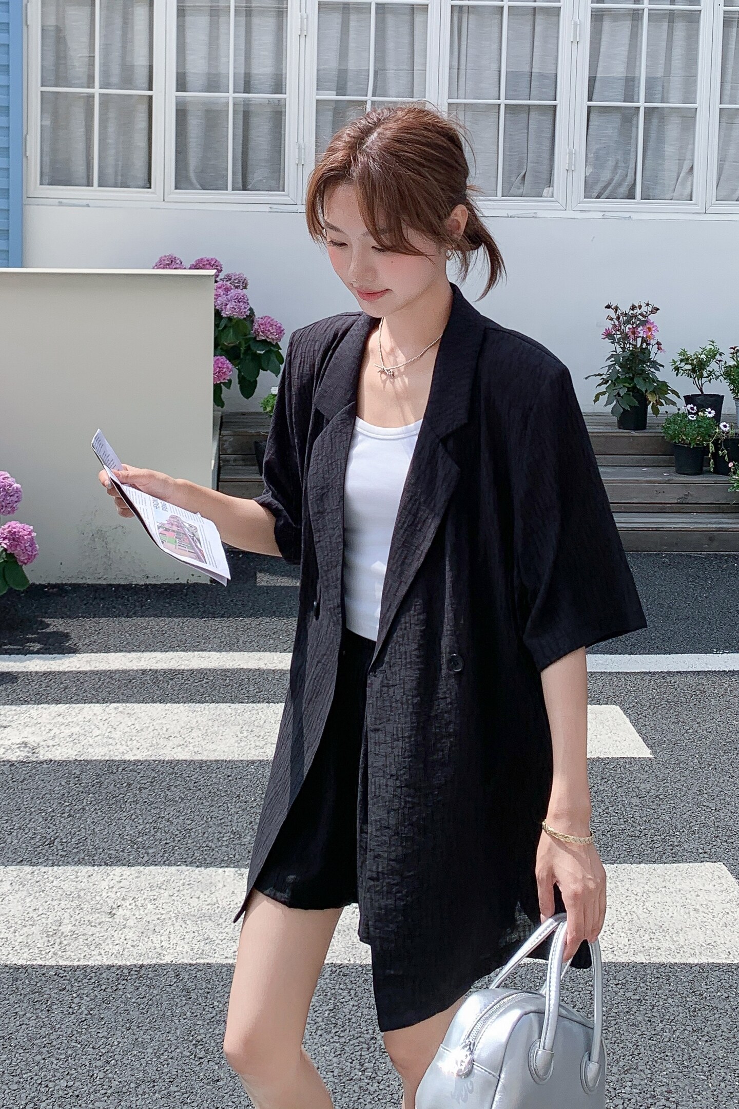 黑色气质轻熟风西装短袖套装女2025夏季新款韩版冷淡系短裤两件套,女装套装/套裙,2C259