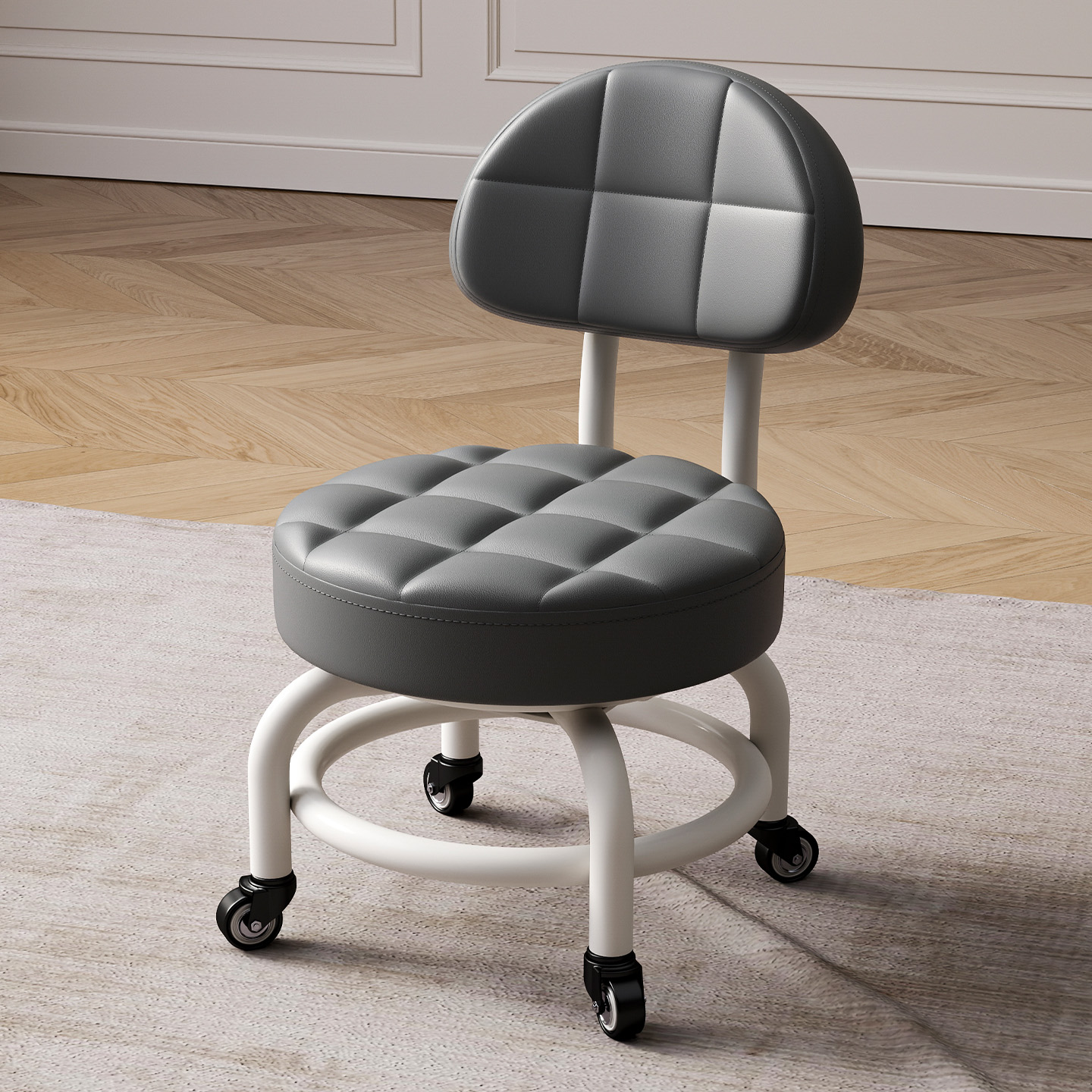 万向轮小凳子带滑轮矮凳家用换鞋凳儿童靠背椅子客厅圆凳软包板凳