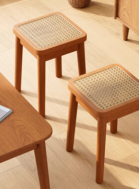 实木藤编凳子可叠放原木方凳餐桌木头板凳中式椅子餐厅备用高凳子