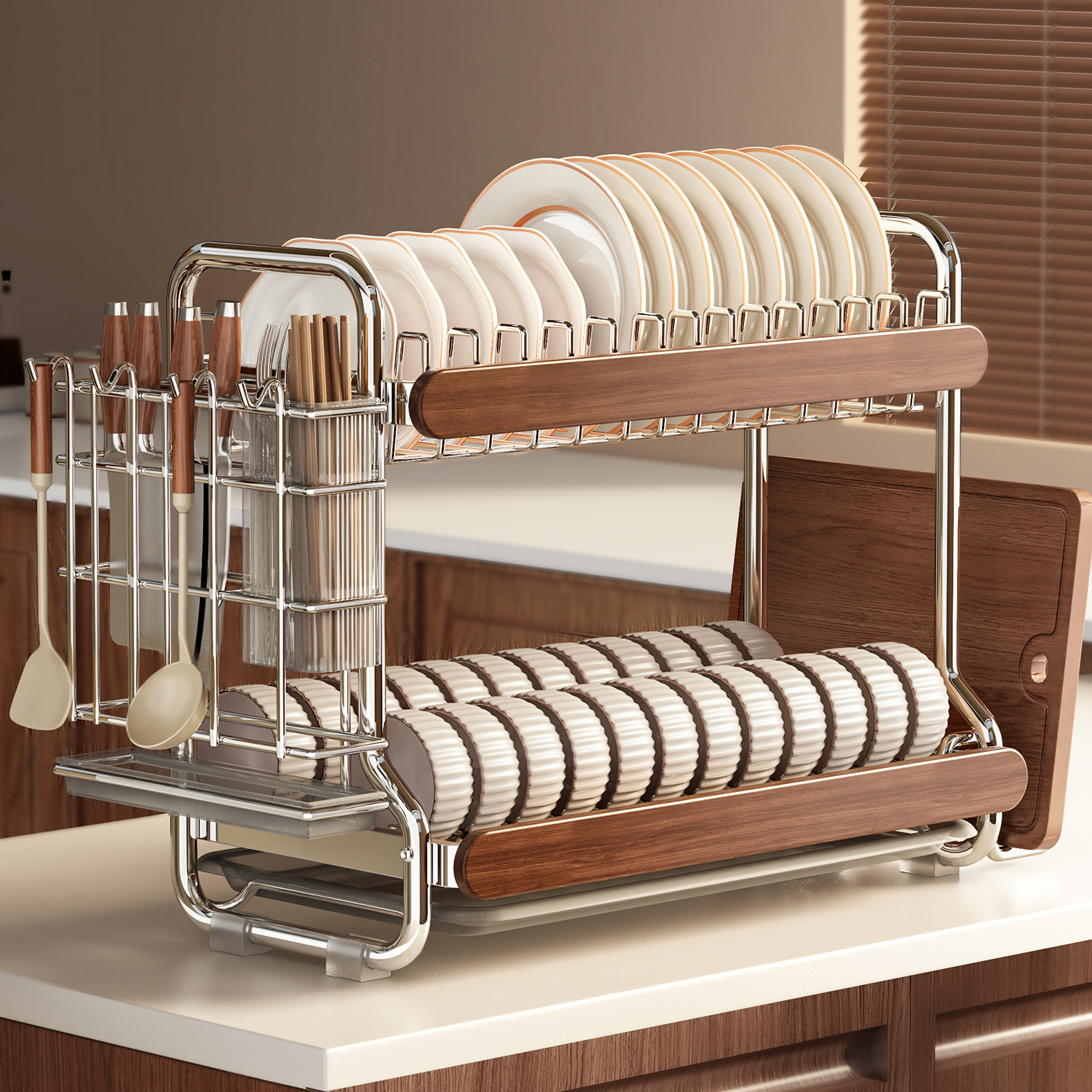 不锈钢木纹碗碟收纳架