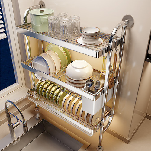 不锈钢厨房置物架免打孔贴墙水槽夹缝碗盘收纳层架多功能碗碟沥水