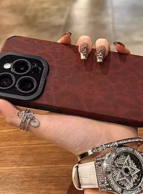 酒红色豹纹适用苹果17promax手机壳iPhoneAir新款16pro女款15plus高级感14硅胶全包防摔13超薄12创意个性套