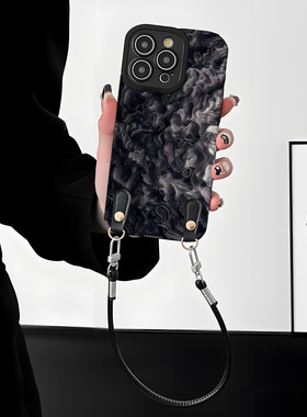 国潮黑色花纹挂绳适用苹果17promax手机壳iPhoneAir新款16e新款15pro高级感14plus女款13硅胶全包12竖纹11套