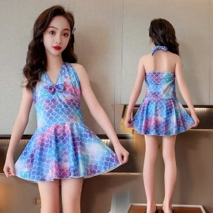 儿童游泳衣女童小中大童韩国女孩连体裙式 泳衣女孩小学生泳装