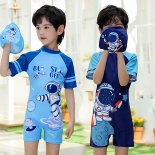 2024儿童游泳衣男童小中大童泳装 男孩卡通太空人连体防嗮专业泳衣