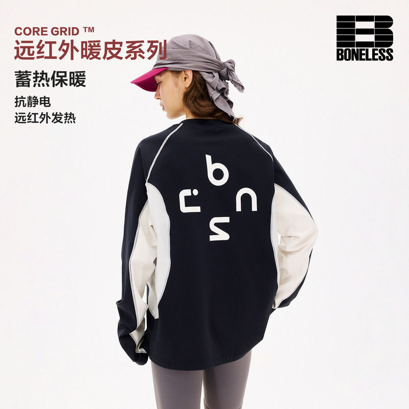 BONELESS保暖发热抗静电休闲拼接哈苏线长袖圆领卫衣美式复古上衣图片