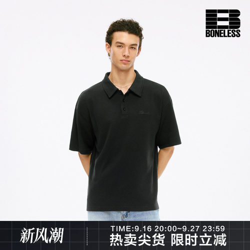 BONELESS华夫格logo刺绣宽松休闲短袖树脂纽扣亲肤透气复古polo衫