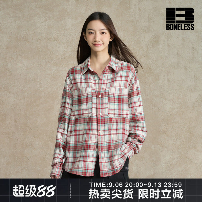 BONELESS撞色格纹衬衫刺绣logo复古宽松外套纯棉休闲格子上衣男女图片