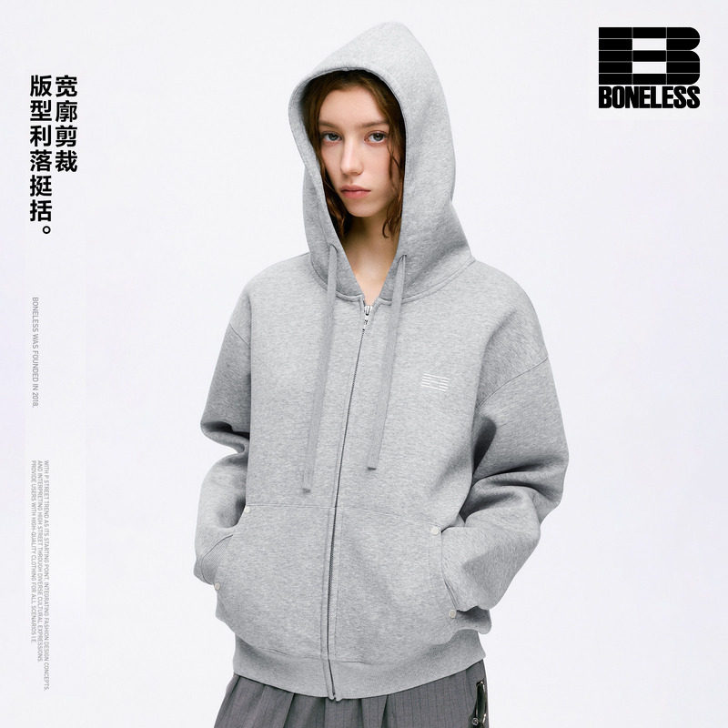 BONELESS休闲连帽拉链开衫卫衣刺绣宽松百搭挺括有型通勤保暖外套图片