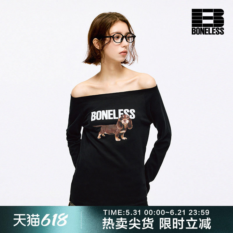 BONELESS长毛腊肠小狗印花斜肩长袖T恤秋新款一字肩宽松百搭上衣