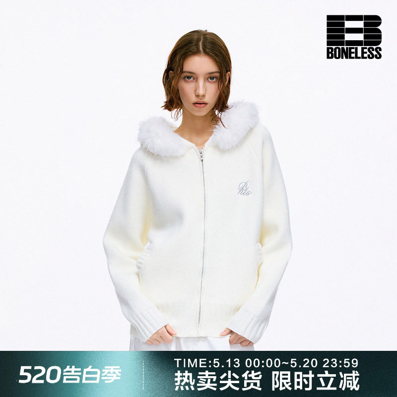BONELESS软糯毛领连帽刺绣开衫毛衣秋冬保暖宽松百搭情侣针织