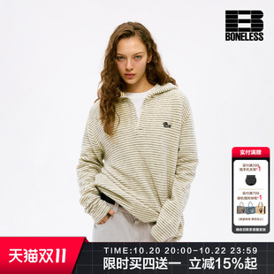BONELESS奔跑小狗刺绣章仔仿兔毛条纹长袖针织衫复古运动情侣上衣
