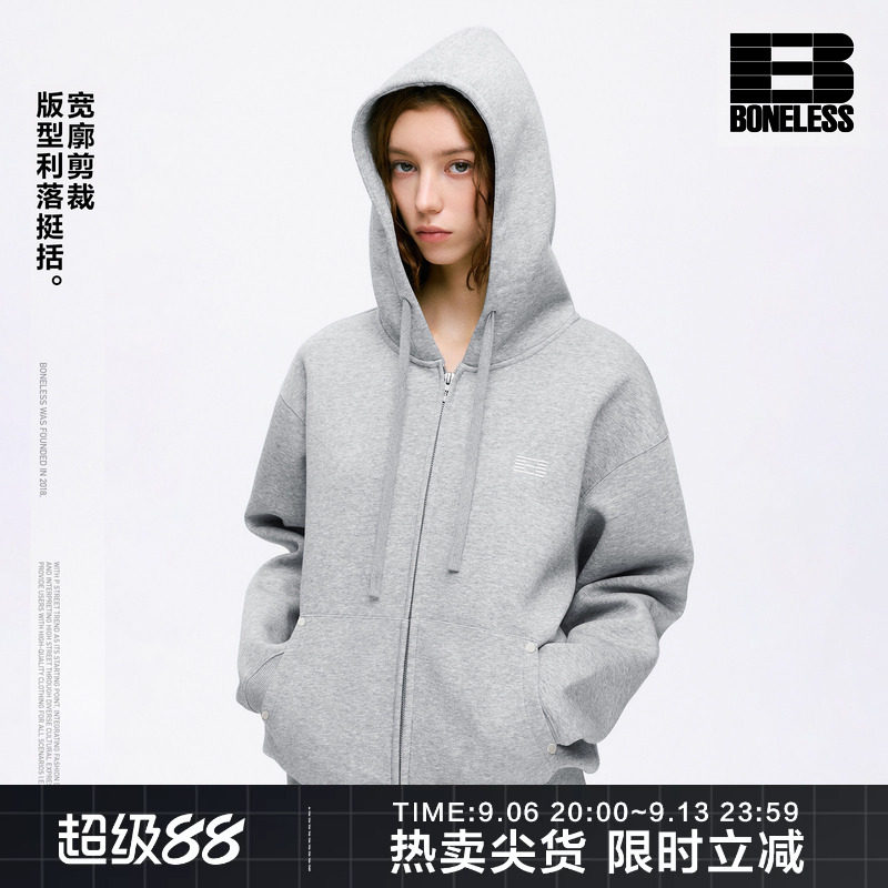 BONELESS休闲连帽拉链开衫卫衣刺绣宽松百搭挺括有型通勤保暖外套										