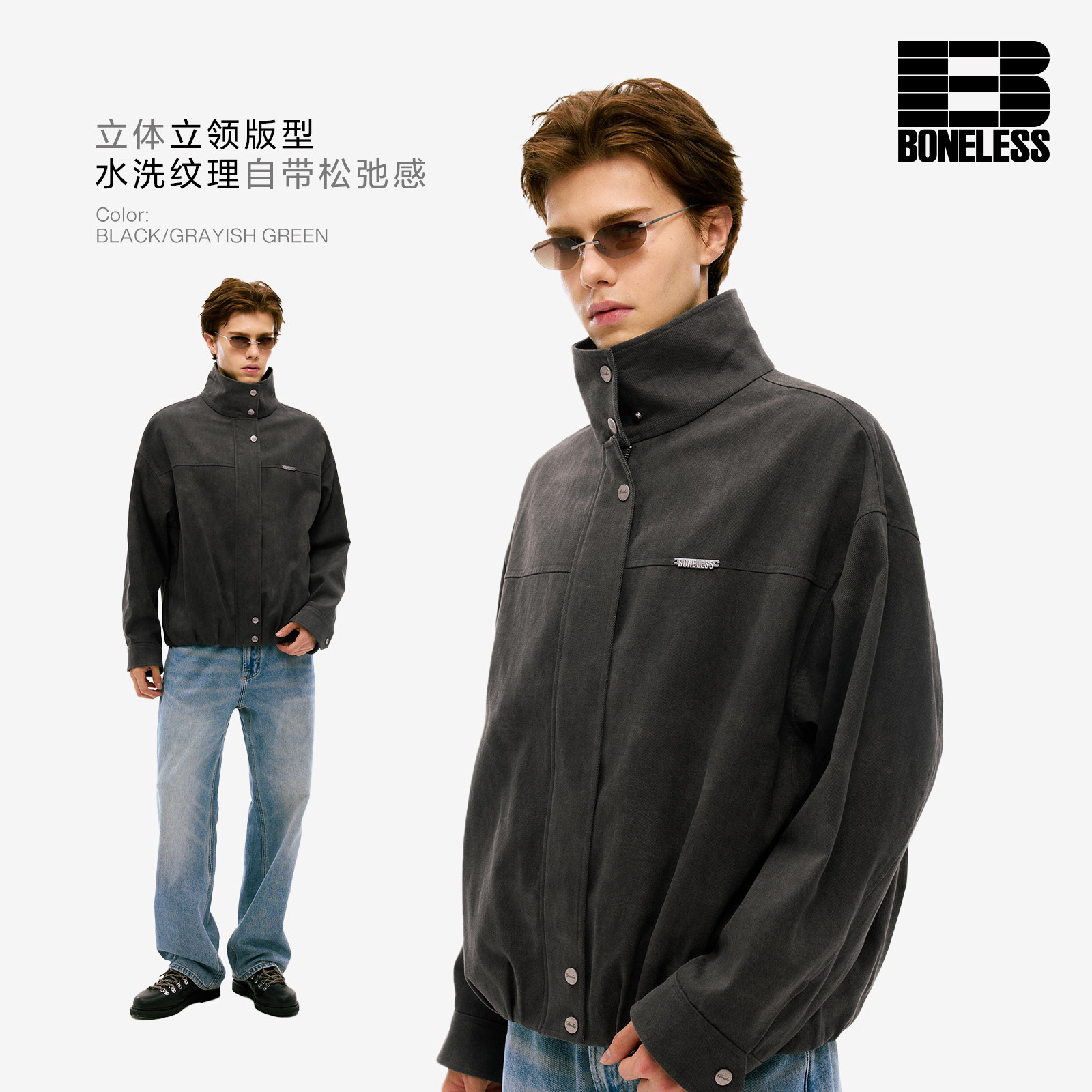 BONELESS防风休闲渐变做旧工装短款夹克宽松休闲显瘦立领开衫外套图片