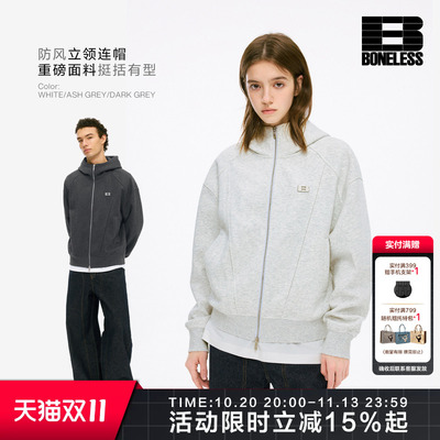 BONELESS解构分割拉链开衫连帽卫衣外套金属标宽松帽衫上衣秋季