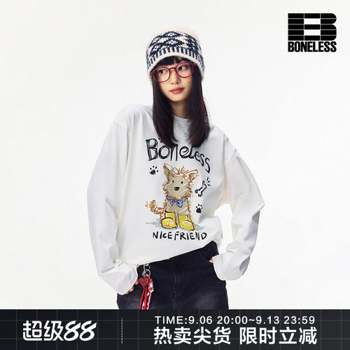 BONELESS蜡笔涂鸦小狗印绣长袖T恤秋季宽松圆领套头情侣潮牌上衣