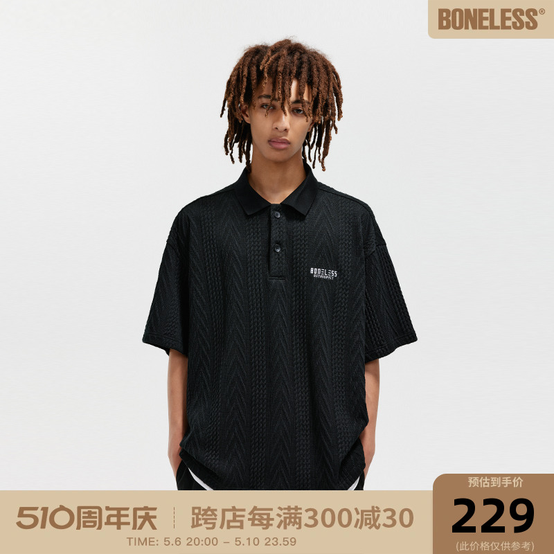 BONELESS肌理刺绣logo短袖黑色简约Polo衫宽松T恤春秋男女半袖