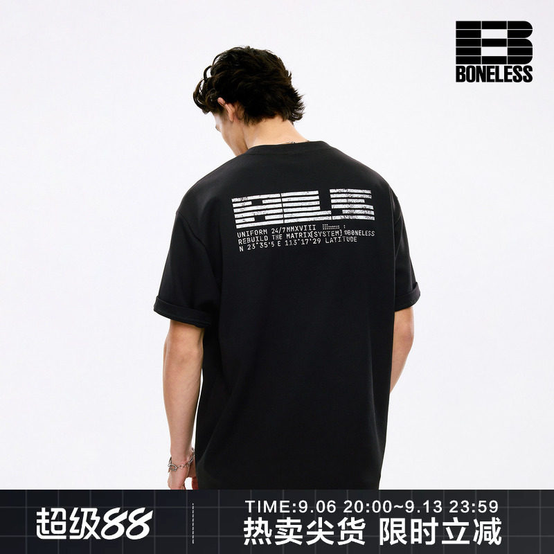 BONELESS字母空气层印花抗变形夏季新款通勤百搭圆领休闲短袖T恤图片