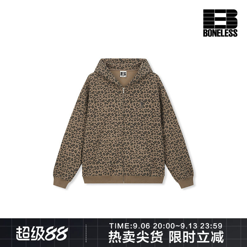 BONELESS豹纹宽松连帽开衫卫衣金属标美式潮流街头休闲复古外套图片