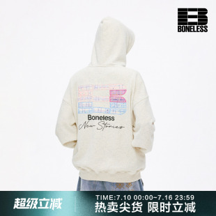 BONELESS撞色贴布绣LOGO印花连帽卫衣袋鼠口袋宽松休闲美式上衣