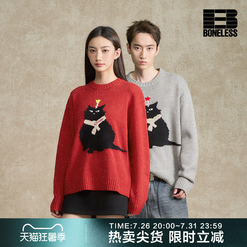 BONELESS秋冬猫猫图案提花毛衣外套男女红色本命年情侣针织衫上衣