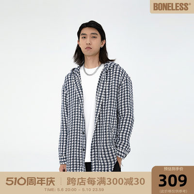 BONELESS 2021AW 带帽斜插袋混纺面料长袖帽衫潮牌格纹衬衫外套