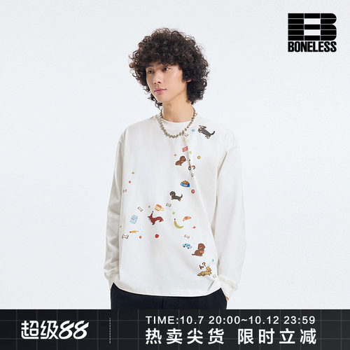BONELESS趣味小狗贴纸长袖T恤秋季宽松圆领情侣百搭宽松上衣