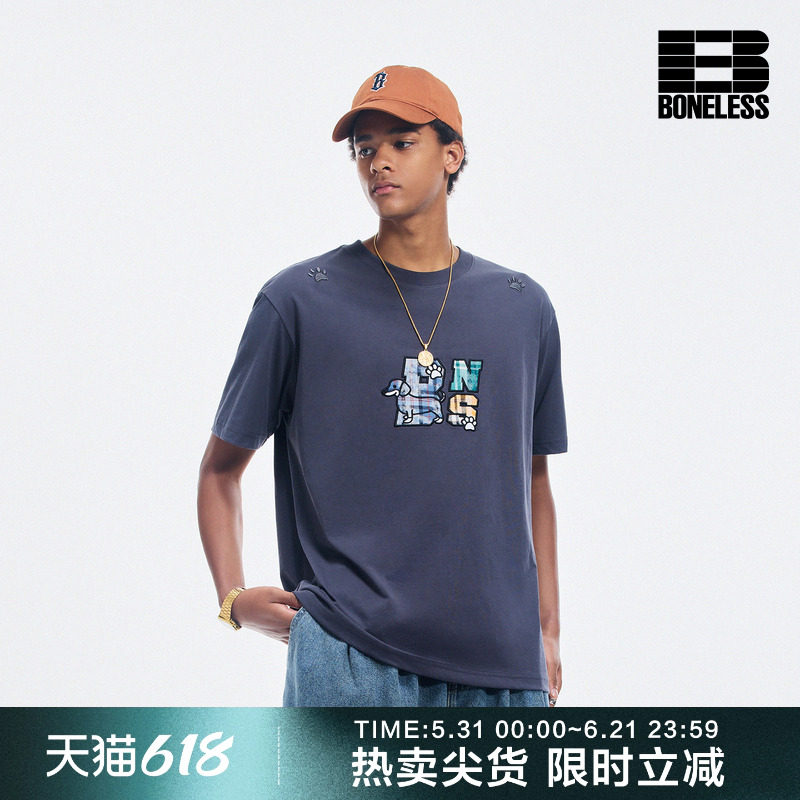 BONELESS字母腊肠狗贴布绣T恤夏季新款凉感速干宽松圆领体恤男女