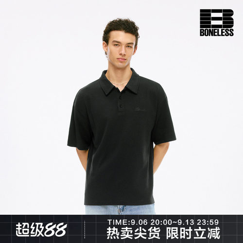 BONELESS华夫格logo刺绣宽松休闲短袖树脂纽扣亲肤透气复古polo衫