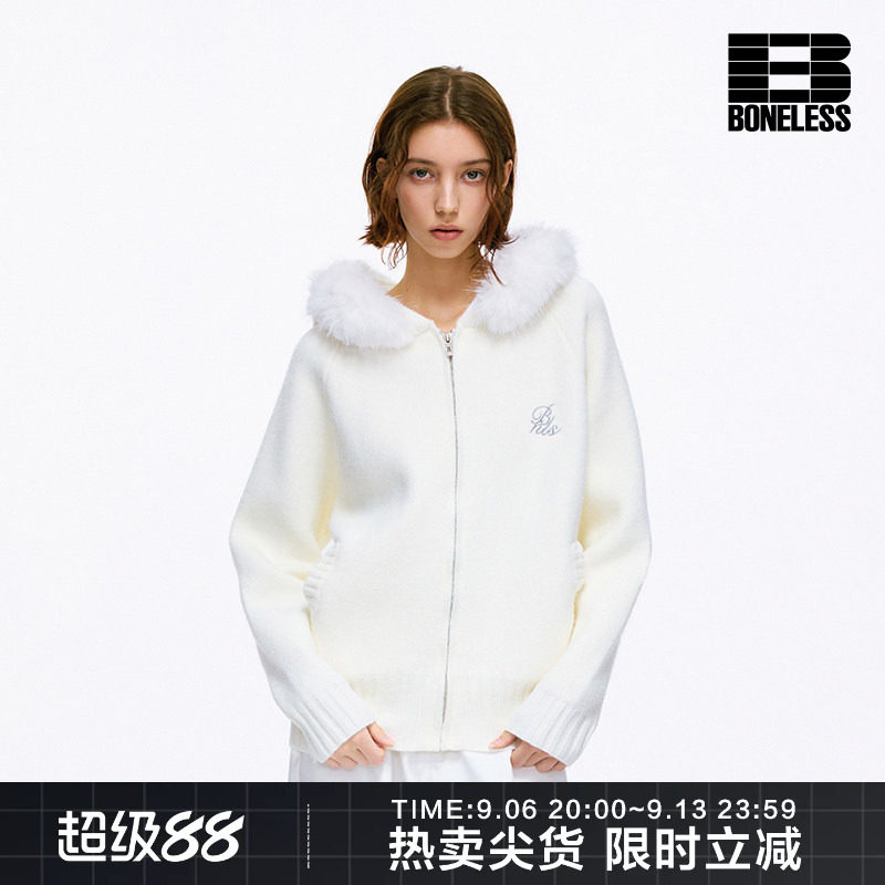 BONELESS软糯毛领连帽刺绣开衫毛衣秋冬保暖宽松百搭情侣针织外套图片
