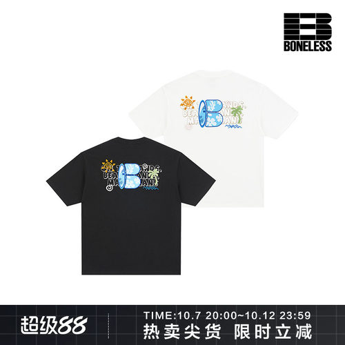 BONELESS夏日海洋冲浪印花绣花短袖夏季纯棉宽松圆领情侣休闲上衣