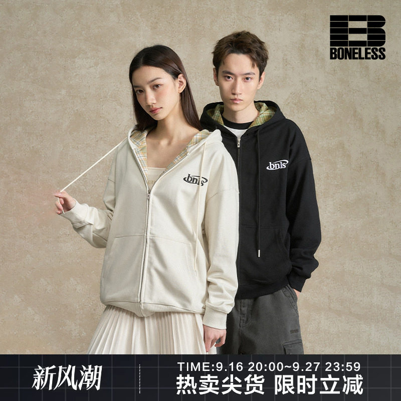 BONELESS格纹拼接连帽拉链帽衫宽松刺绣重磅开衫卫衣休闲潮牌外套										