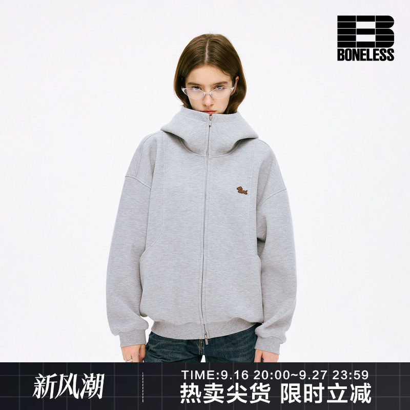 BONELESS奔跑小狗分割宽松卫衣外套廓形复古潮牌开衫连帽立领上衣图片