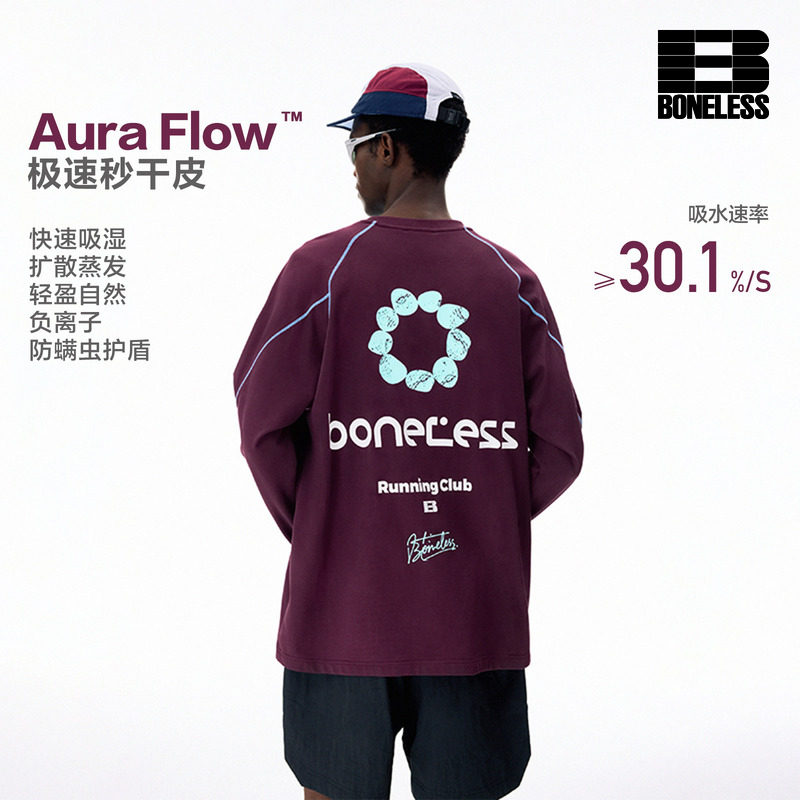 BONELESS速干7A抗菌户外运动T恤潮牌撞色线宽松百搭情侣长袖上衣图片