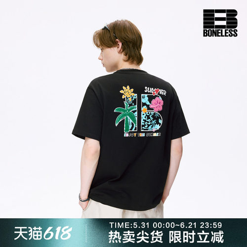 BONELESS夏日风情网格B印花绣花短袖夏宽松纯棉圆领情侣休闲上衣